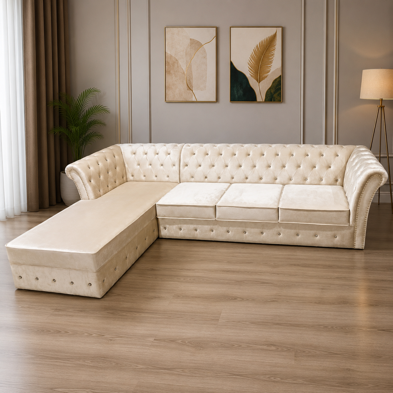 Luxury Cream Chesterfield L-Shaped Sectional Sofa