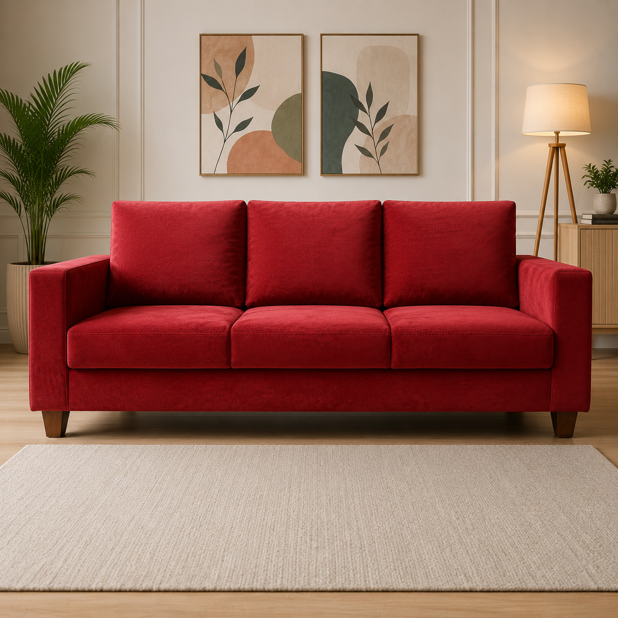 Modern 3-Seater Red Fabric Sofa