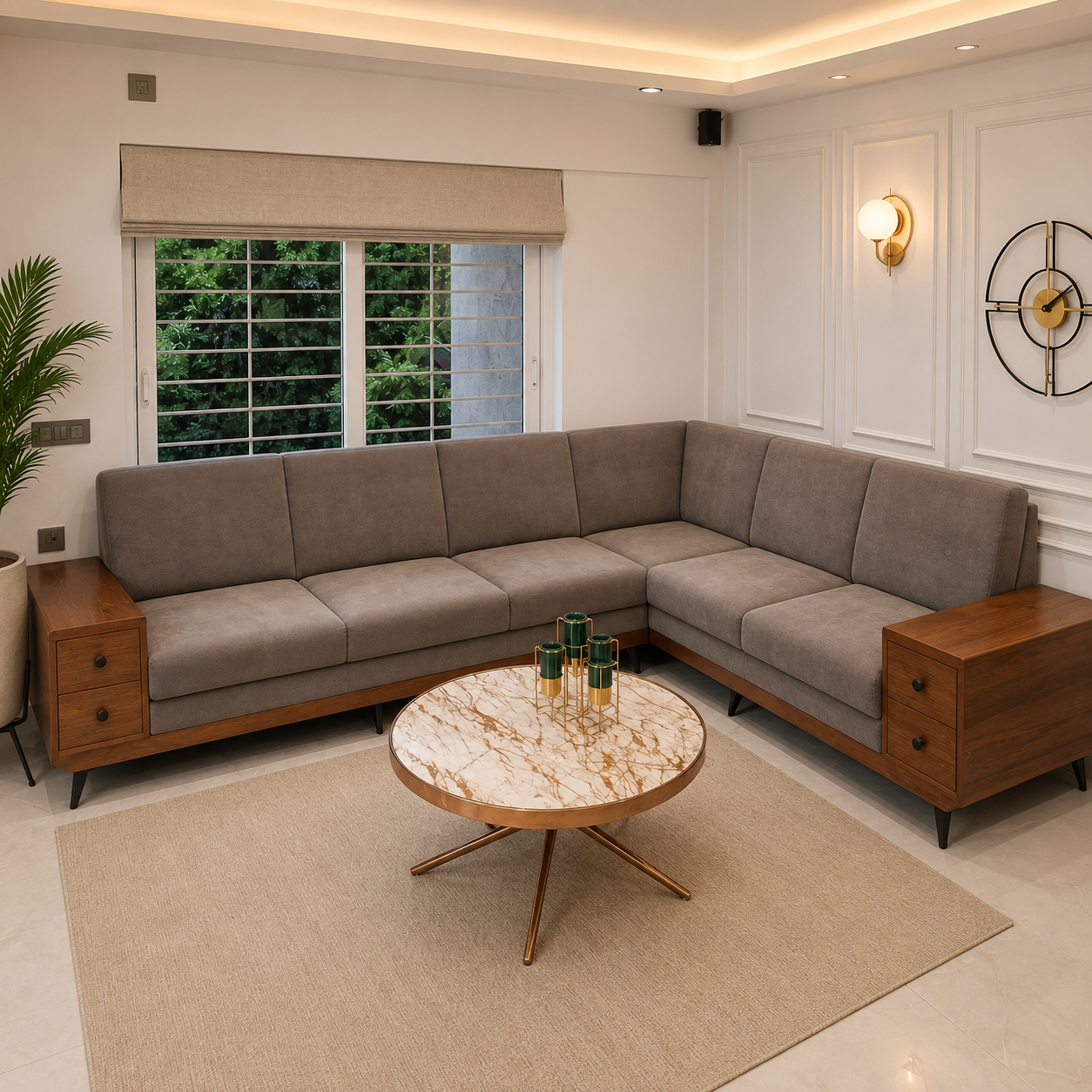 Modern L-Shaped Sectional Sofa with Wooden Side Cabinets