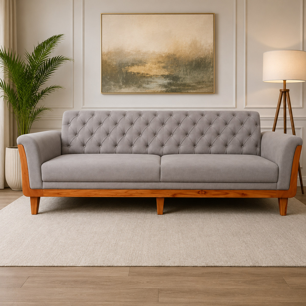 Premium Grey Tufted Wooden Frame Sofa