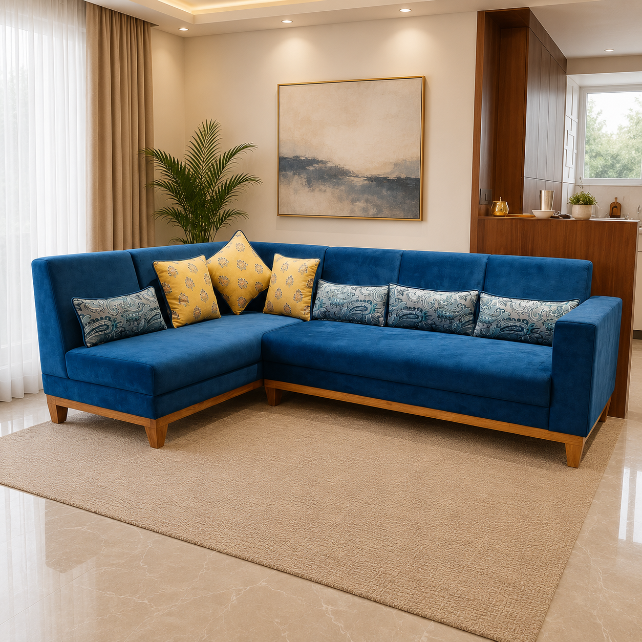 Premium Blue L-Shaped Sectional Sofa