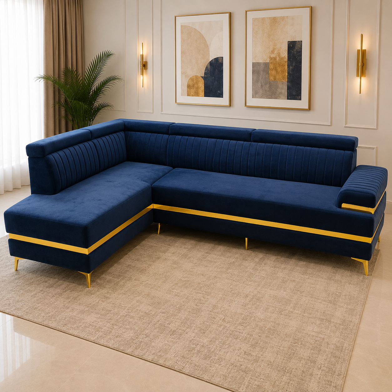 Royal Azure L-Shaped Velvet Sofa