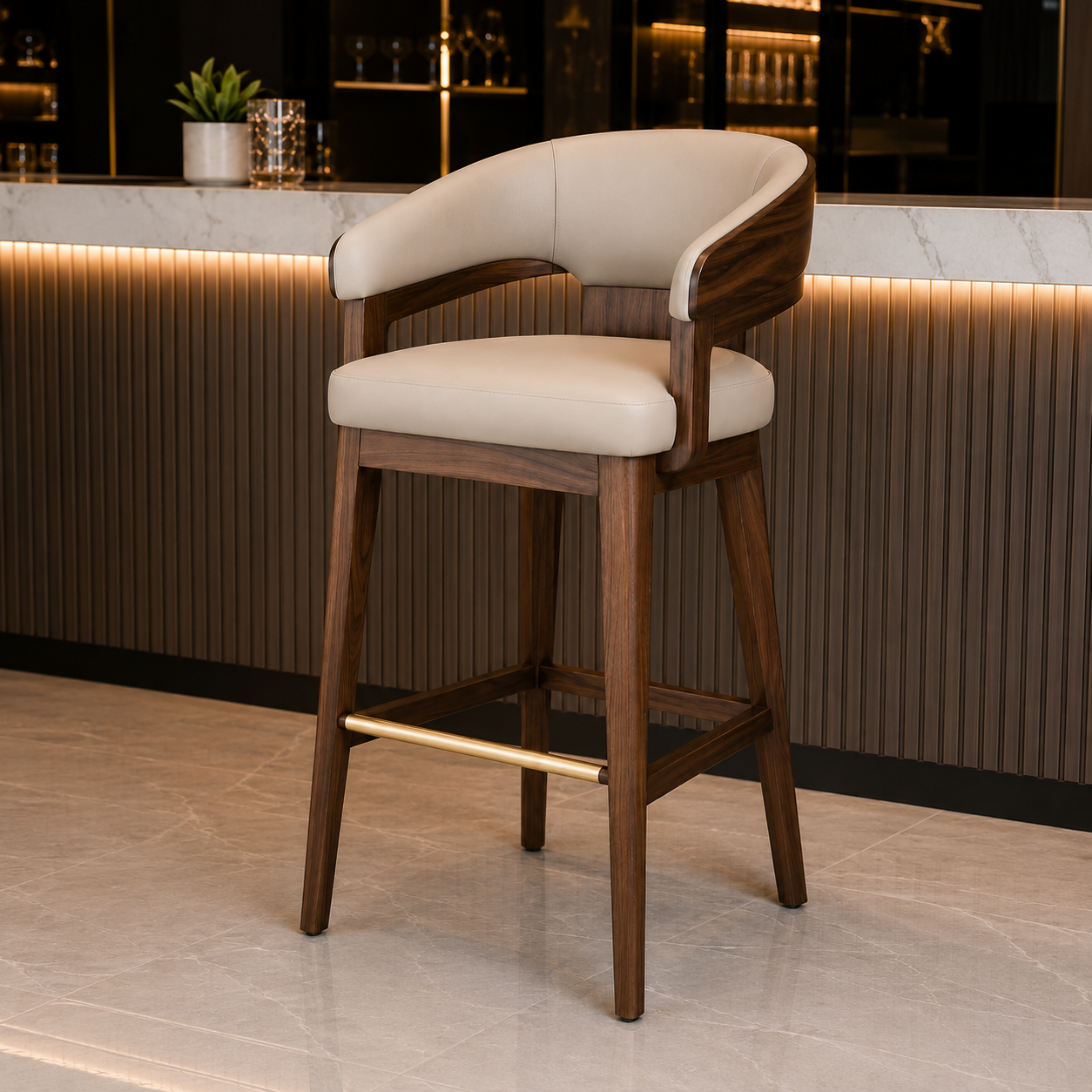 Premium Upholstered Wooden Bar Chair with Curved Backrest