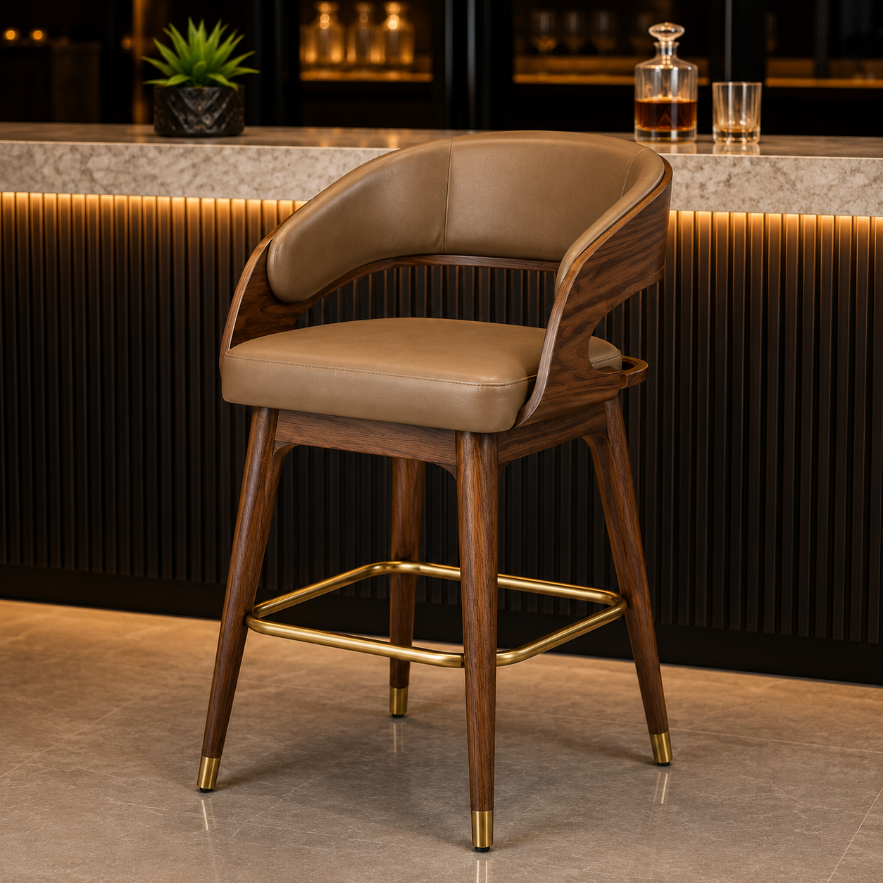 Luxury Upholstered Wooden Bar Chair with Brass Footrest