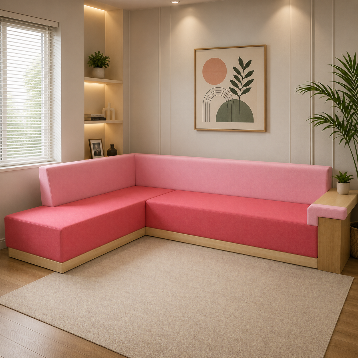 Modern L-Shape Corner Sofa with Wooden Side Shelf