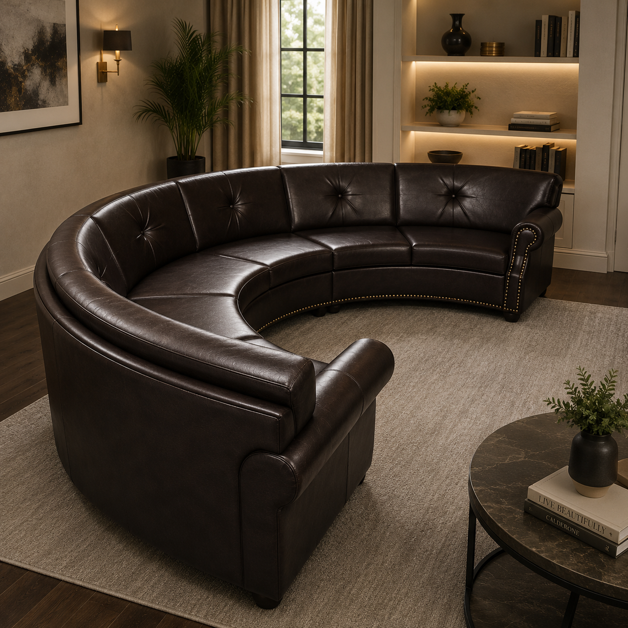 Luxury Dark Brown Leather Curved Sectional Sofa